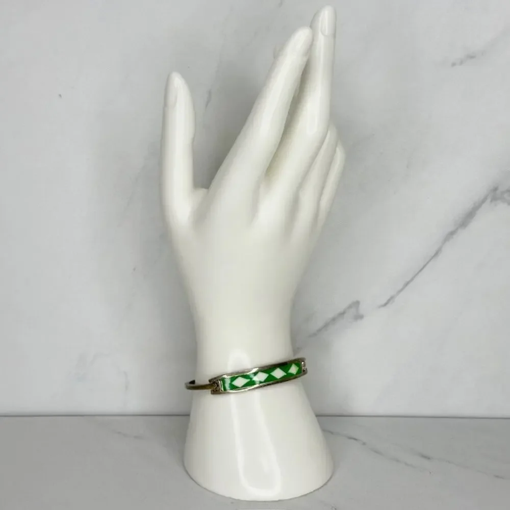 Alpaca Mexico Vintage Green White Diamond Pattern Inlay Hinged Bangle Bracelet ✨